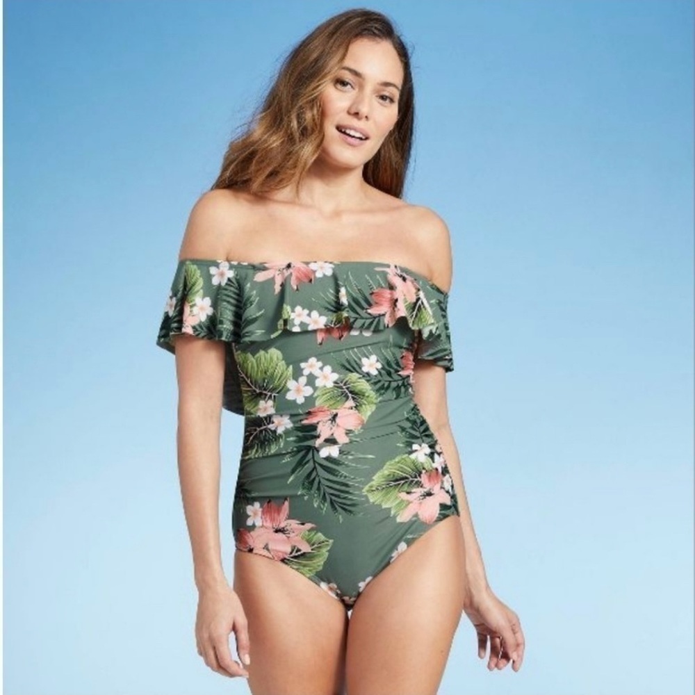 Kona Sol Women's Off Shoulder Flounce High Coverage One Piece Swimsuit - L